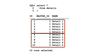 SQL> select * 
2 from details 
3 / 
! 
ID MASTER_ID NAME 
---- ---------- ------------ 
1 1 Detail 1 
2 1 Detail 2 
3 1 Detail 3 
4 1 Detail 4 
5 1 Detail 5 
6 2 Detail 1 
7 2 Detail 2 
8 2 Detail 3 
9 2 Detail 4 
10 2 Detail 5 
! 
10 rows selected. 
 