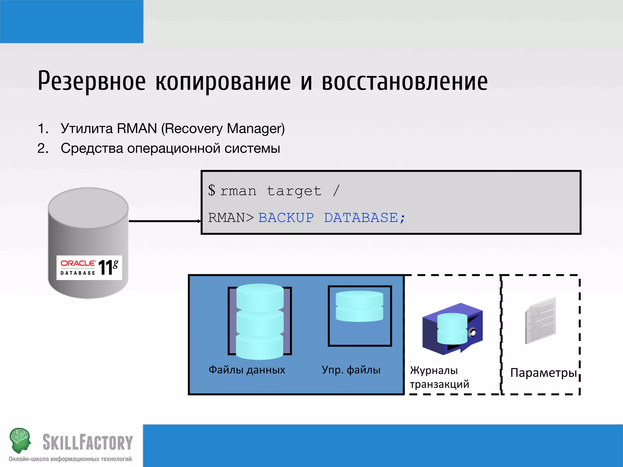 1.  Утилита RMAN (Recovery Manager)
2.  Средства операционной системы
Резервное копирование и восстановление
$ rman target /
RMAN>	
  BACKUP DATABASE;
Control	
  
ﬁle	
   Параметры	
  Журналы	
  
транзакций	
  
Файлы	
  данных	
   Упр.	
  файлы	
  
 