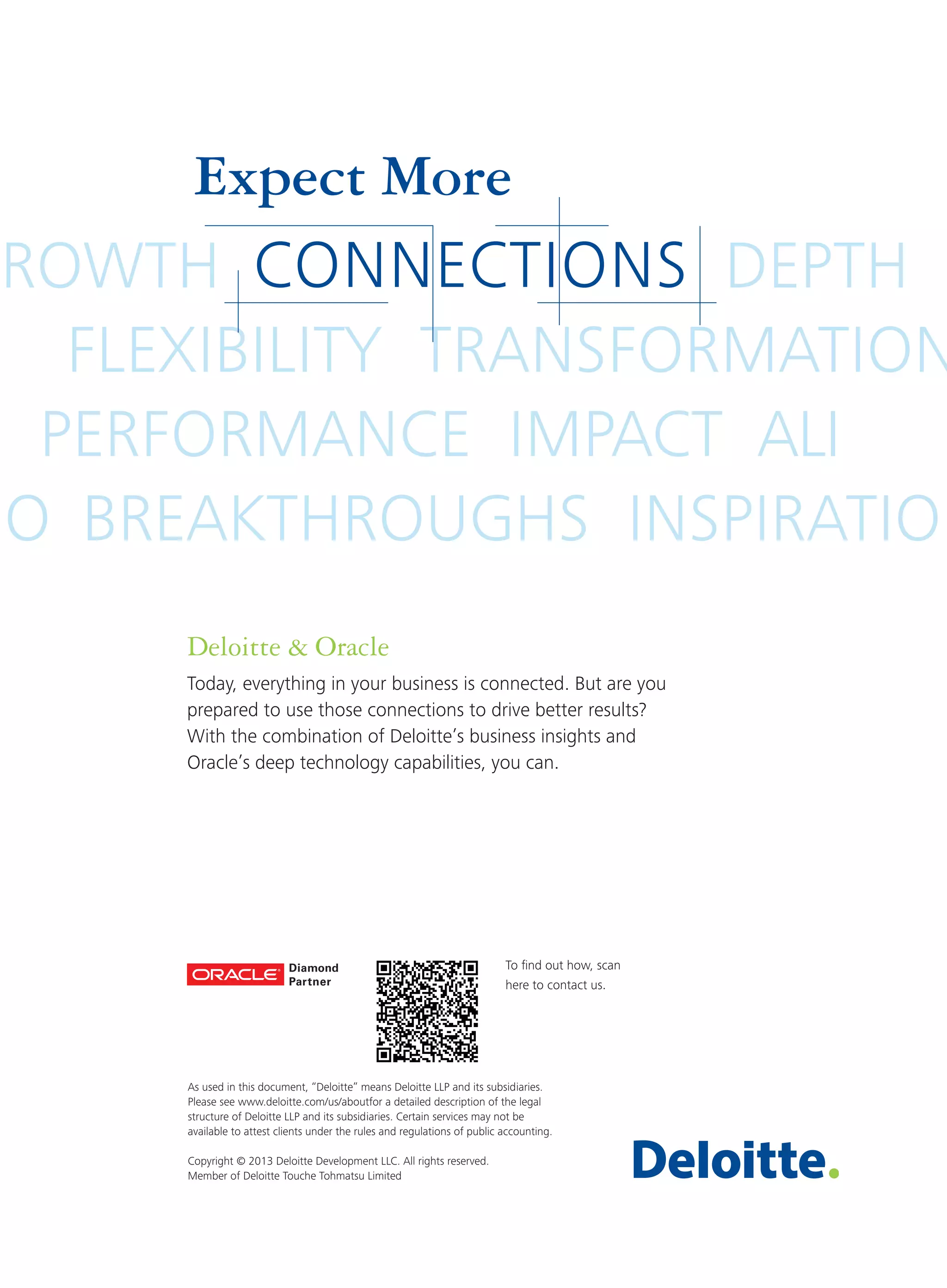 Expect More

ROWTH CONNECTIONS DEPTH
FLEXIBILITY TRANSFORMATION
PERFORMANCE IMPACT ALI
IO BREAKTHROUGHS INSPIRATION
Deloitte & Oracle
Today, everything in your business is connected. But are you
prepared to use those connections to drive better results?
With the combination of Deloitte’s business insights and
Oracle’s deep technology capabilities, you can.

To fnd out how, scan
here to contact us.

As used in this document, “Deloitte” means Deloitte LLP and its subsidiaries.
Please see www.deloitte.com/us/aboutfor a detailed description of the legal
structure of Deloitte LLP and its subsidiaries. Certain services may not be
available to attest clients under the rules and regulations of public accounting.
Copyright © 2013 Deloitte Development LLC. All rights reserved.
Member of Deloitte Touche Tohmatsu Limited

 
