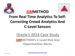 SIMMETHOD
From Real Time Analytics To Self-
Correcting Crowd Analytics And
C-Level Sensors
Oracle’s 2014 Case Study
SIMMETHOD’s C-Level Risk And
Opportunities Alerts.
8/10/2014 1
WWW.SIMMETHOD.BLOGSPOT.COM
 