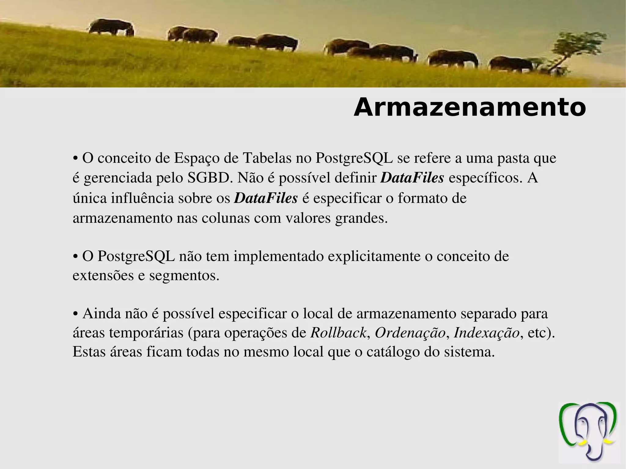 Armazenamento
● O conceito de Espaço de Tabelas no PostgreSQL se refere a uma pasta que 
é gerenciada pelo SGBD. Não é possível definir DataFiles específicos. A 
única influência sobre os DataFiles é especificar o formato de 
armazenamento nas colunas com valores grandes.

● O PostgreSQL não tem implementado explicitamente o conceito de 
extensões e segmentos.

● Ainda não é possível especificar o local de armazenamento separado para 
áreas temporárias (para operações de Rollback, Ordenação, Indexação, etc). 
Estas áreas ficam todas no mesmo local que o catálogo do sistema.
 