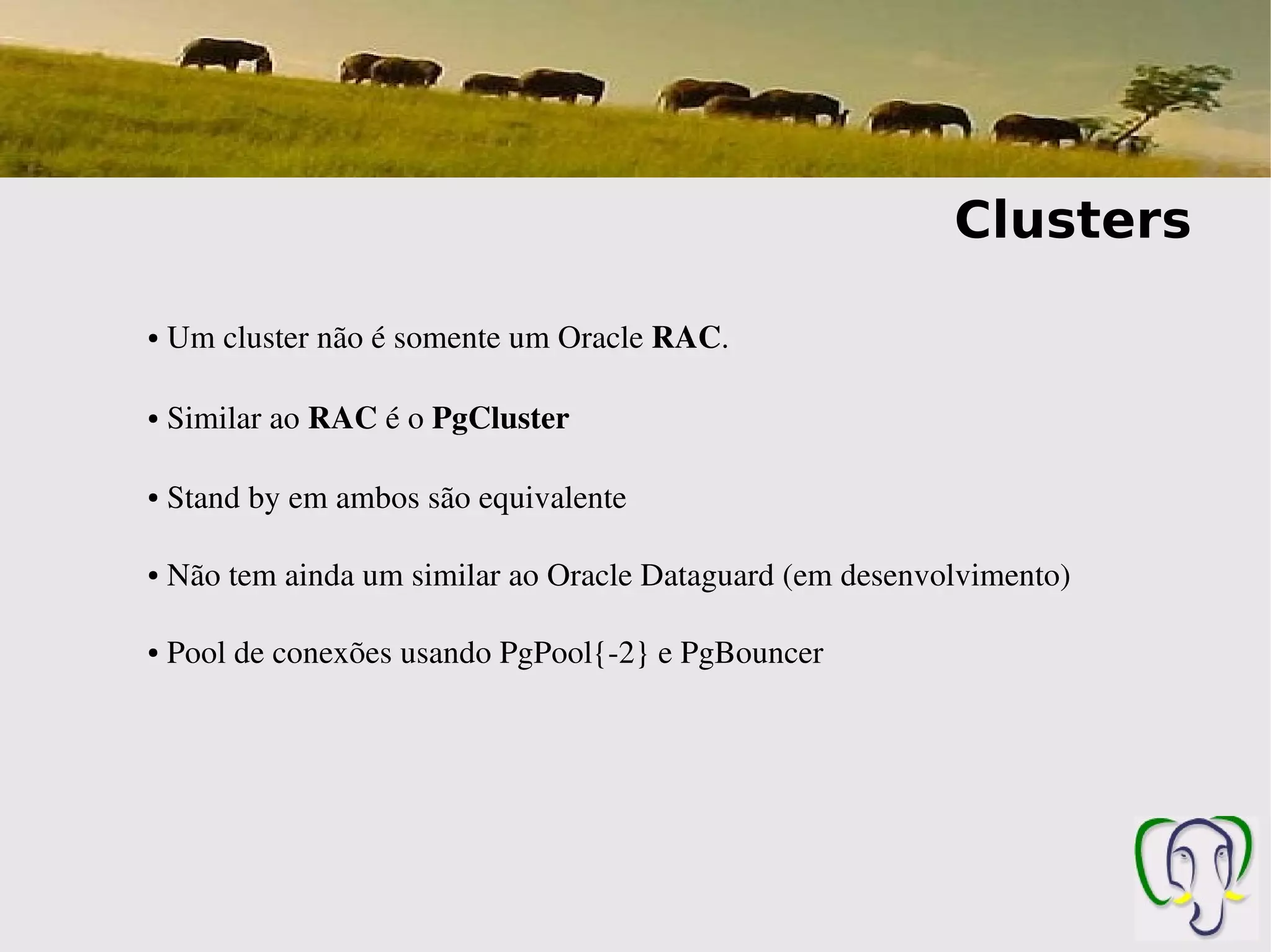 Clusters

●    Um cluster não é somente um Oracle RAC.

●    Similar ao RAC é o PgCluster

●    Stand by em ambos são equivalente

●    Não tem ainda um similar ao Oracle Dataguard (em desenvolvimento)

●    Pool de conexões usando PgPool{­2} e PgBouncer
 