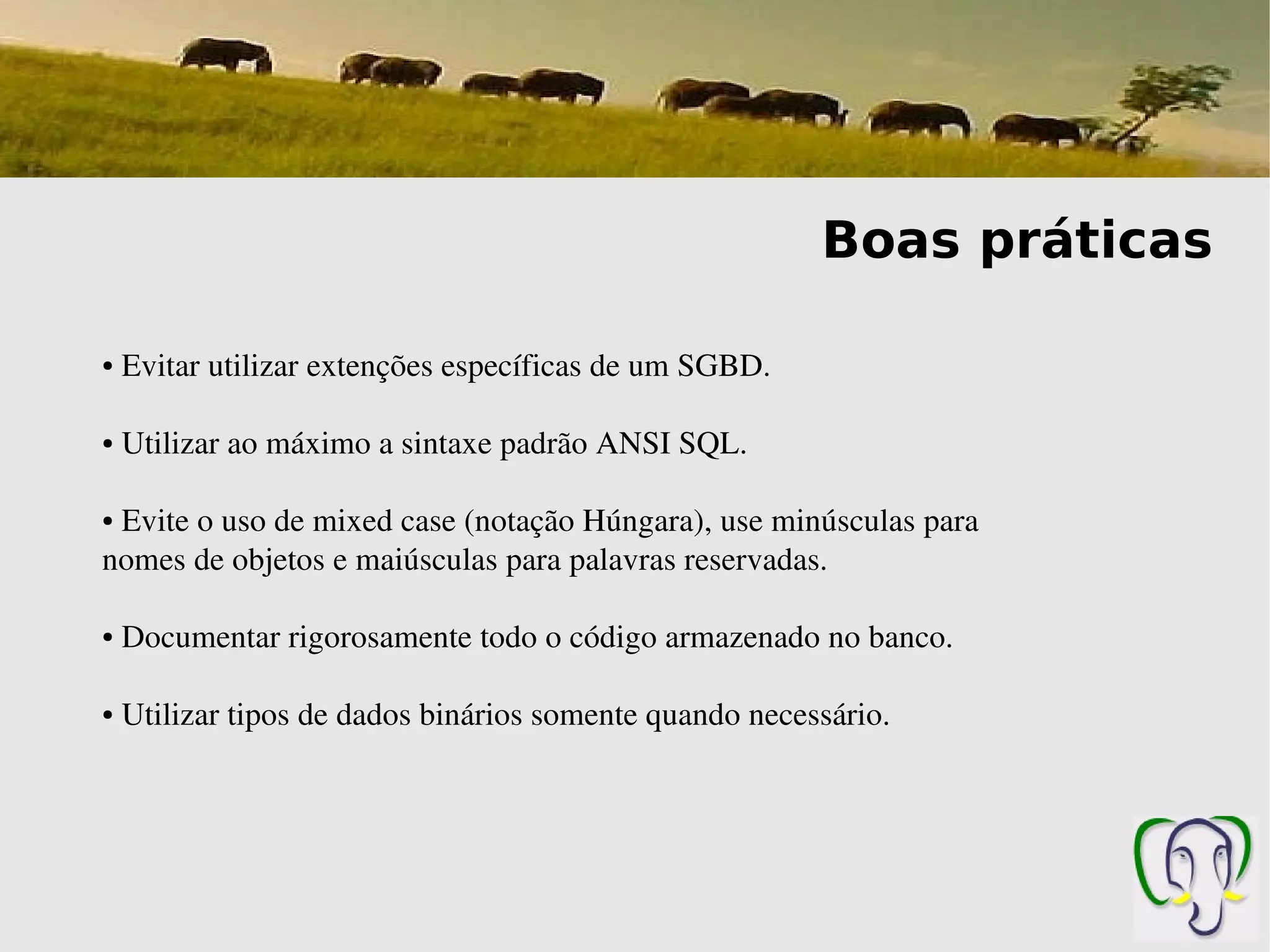 Boas práticas

●    Evitar utilizar extenções específicas de um SGBD.

●    Utilizar ao máximo a sintaxe padrão ANSI SQL.

● Evite o uso de mixed case (notação Húngara), use minúsculas para 
nomes de objetos e maiúsculas para palavras reservadas.

●    Documentar rigorosamente todo o código armazenado no banco.

●    Utilizar tipos de dados binários somente quando necessário.
 