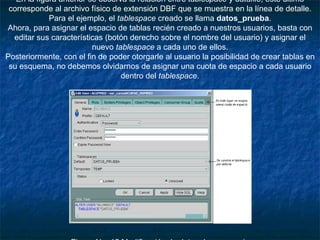 En la figura anterior se observa la relación entre  tablespace  y  datafile , éste último corresponde al archivo físico de extensión DBF que se muestra en la línea de detalle. Para el ejemplo, el  tablespace  creado se llama  datos_prueba . Ahora, para asignar el espacio de tablas recién creado a nuestros usuarios, basta con editar sus características (botón derecho sobre el nombre del usuario) y asignar el nuevo  tablespace  a cada uno de ellos. Posteriormente, con el fin de poder otorgarle al usuario la posibilidad de crear tablas en su esquema, no debemos olvidarnos de asignar una cuota de espacio a cada usuario dentro del  tablespace .                                                                                                                                                                                   Figura No. 15 Modificación de datos de un usuario 
