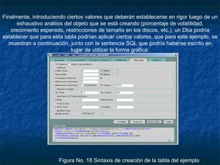 Finalmente, introduciendo ciertos valores que deberán establecerse en rigor luego de un exhaustivo análisis del objeto que se está creando (porcentaje de volatilidad, crecimiento esperado, restricciones de tamaño en los discos, etc.), un Dba podría establecer que para esta tabla podrían aplicar ciertos valores, que para este ejemplo, se muestran a continuación, junto con la sentencia SQL que podría haberse escrito en lugar de utilizar la forma gráfica:       Figura No. 18 Sintaxis de creación de la tabla del ejemplo 