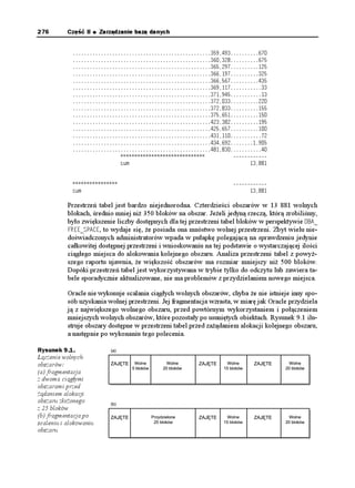 4'6740 %1'

Je eli zostanie włączone logowanie na wy szym poziomie, w dzienniku będzie zapisy-
wane więcej informacji, lecz jednocześnie znajdą się tam dane mniej istotne. Zalecamy
systematyczne, okresowe sprawdzanie dziennika NKUVGPGTNQI w poszukiwaniu błędów.
Je eli odnotuje on problemy z Oracle Net, nale y prowadzić dokładniejsze obserwacje.
Proszę zauwa yć, e wcześniejsze wersje oprogramowania tworzą inne wpisy w tym
dzienniku. Jedynym sposobem na usunięcie dziennika NKUVGPGTNQI, kiedy osiągnie zbyt
du y rozmiar, jest zatrzymanie procesu nasłuchu, usunięcie pliku dziennika i ponowne
uruchomienie listenera. W przeciwieństwie do dziennika alertów, po zmianie jego nazwy
ORACLE nadal zapisuje do niego informacje. Zatrzymanie nasłuchu nie pociąga za sobą
utraty istniejących połączeń, lecz do chwili jego wznowienia niemo liwe jest tworzenie
nowych. Z tego powodu uruchamiamy zazwyczaj dwa oddzielne procesy dla ka dej in-
stancji i umieszczamy oba porty we wszystkich plikach 6050#/'514# naszych klientów.
Kiedy Oracle Net podejmuje próbę podłączenia się do listenera od strony klienta, stara
się wykorzystać najpierw pierwszy podany w 6050#/'514# port. Je eli nie istnieje na
nim aktywny proces nasłuchu, to sprawdzany jest następny port. Zatem wyłączenie na-
słuchu, usunięcie plików dzienników i ponowne włączenie listenera nie powoduje za-
kłóceń w dostępie u ytkowników do bazy danych.

Słabą stroną posiadania wielu listenerów jest konieczność zarządzania nimi oraz wzrost
liczby aktywnych procesów serwera (jeden proces dla ka dego nasłuchu).Kilka listene-
rów pozwala rozło yć obcią enie sieci na większą liczbę kart interfejsów sieciowych
(Network Interface Cards NIC) i w ten sposób zbalansować połączenia do serwera bazy
danych. Szczegółowe informacje dotyczące konfiguracji sieciowej zawierają Net Servi-
ces Administrator Guide i Net Services Reference Guide dołączone do dokumentacji
Oracle.
 