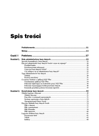 Spis treści
               Podziękowania.......................................................................................11
               Wstęp ...................................................................................................15

Część I        Podstawy..............................................................................17
Rozdział 1. Rola administratora bazy danych............................................................19
               Sposoby komunikacji z bazą danych ............................................................................... 19
               Kim jest administrator bazy danych Oracle i czym się zajmuje? ........................................ 20
                  Przykład banku ....................................................................................................... 20
                  Przechowywanie informacji...................................................................................... 22
                  Czym jest baza danych Oracle? ................................................................................ 22
                  Czy nadajesz się na administratora bazy danych? ....................................................... 23
               Typy administratorów baz danych .................................................................................. 27
                  Zadania .................................................................................................................. 28
                  Rozwój zawodowy .................................................................................................. 31
               Co musisz wiedzieć o aplikacji SQL*Plus ....................................................................... 33
                  Uruchamianie aplikacji SQL*Plus............................................................................. 34
                  Polecenia wpływające na środowisko pracy SQL*Plus ............................................... 36
                  Polecenia wspomagające kolekcjonowanie danych ..................................................... 40
                  Komendy przydatne podczas tworzenia raportów ....................................................... 43
Rozdział 2. Konstrukcja bazy danych .......................................................................49
               Obiekty logiczne i fizyczne ............................................................................................ 49
                   Obiekty fizyczne ..................................................................................................... 51
                   Parę słów o systemach operacyjnych......................................................................... 51
                   Systemy operacyjne a baza danych ........................................................................... 53
                   Oprogramowanie firmy Oracle ................................................................................. 54
               Fizyczne składniki bazy danych Oracle ........................................................................... 54
                   Pliki z danymi ......................................................................................................... 55
                   Plik z parametrami................................................................................................... 57
                   Pliki dziennika ........................................................................................................ 59
                   Pliki zapasowe ........................................................................................................ 60
               Logiczna struktura bazy danych ..................................................................................... 61
                   Przestrzenie tabel .................................................................................................... 61
                   Tabele .................................................................................................................... 62
                   Indeksy .................................................................................................................. 66
 