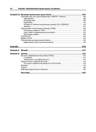 10          Oracle9i. Administrowanie bazami danych od podstaw


Rozdział 13. Narzędzia dostarczane przez Oracle ......................................................405
                Dostrajanie SQL przy u yciu Explain Plan, TKPROF i Autotrace.................................... 406
                   Optymalizator ....................................................................................................... 406
                   Dostrajanie SQL.................................................................................................... 409
                   Explain Plan ......................................................................................................... 412
                   Narzędzie do śledzenia wykonywania instrukcji SQL (TKPROF).............................. 413
                   Autotrace.............................................................................................................. 417
                Wykorzystanie Oracle Enterprise Manager (OEM)......................................................... 418
                   Podstawowe mo liwości OEM ............................................................................... 419
                   Opcje OEM do administrowania bazą danych .......................................................... 422
                   Inne dostępne pakiety ............................................................................................ 423
                STATSPACK ............................................................................................................. 424
                DBMS_STATS .......................................................................................................... 431
                Wykorzystanie przechowywanych szkiców ................................................................... 433
                   Implementacja szkiców przechowywanych .............................................................. 433

Dodatki............................................................................................ 435
Dodatek A Słownik ...............................................................................................437
Dodatek B Zasoby................................................................................................451
                Jak zostać administratorem bazy danych (DBA)............................................................. 451
                    O szkoleniu........................................................................................................... 451
                    Administrator w poszukiwaniu pracy ...................................................................... 453
                Program Oracle Certified Professional........................................................................... 454
                    Test Oracle Certified Professional (OCA/OCP/OCM)............................................... 454
                MetaLink.................................................................................................................... 459
                Technet...................................................................................................................... 460
                Kilka interesujących stron w Internecie ......................................................................... 461
                Skorowidz............................................................................................463
 