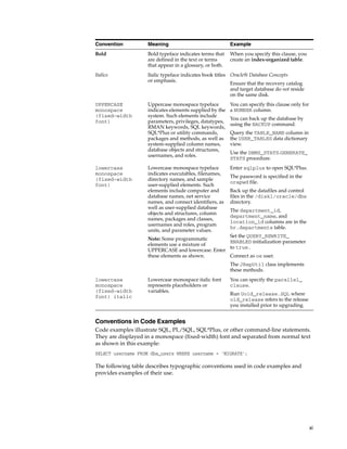 xi
Conventions in Code Examples
Code examples illustrate SQL, PL/SQL, SQL*Plus, or other command-line statements.
They are displayed in a monospace (fixed-width) font and separated from normal text
as shown in this example:
SELECT username FROM dba_users WHERE username = 'MIGRATE';
The following table describes typographic conventions used in code examples and
provides examples of their use.
Convention Meaning Example
Bold Bold typeface indicates terms that
are defined in the text or terms
that appear in a glossary, or both.
When you specify this clause, you
create an index-organized table.
Italics Italic typeface indicates book titles
or emphasis.
Oracle9i Database Concepts
Ensure that the recovery catalog
and target database do not reside
on the same disk.
UPPERCASE
monospace
(fixed-width
font)
Uppercase monospace typeface
indicates elements supplied by the
system. Such elements include
parameters, privileges, datatypes,
RMAN keywords, SQL keywords,
SQL*Plus or utility commands,
packages and methods, as well as
system-supplied column names,
database objects and structures,
usernames, and roles.
You can specify this clause only for
a NUMBER column.
You can back up the database by
using the BACKUP command.
Query the TABLE_NAME column in
the USER_TABLES data dictionary
view.
Use the DBMS_STATS.GENERATE_
STATS procedure.
lowercase
monospace
(fixed-width
font)
Lowercase monospace typeface
indicates executables, filenames,
directory names, and sample
user-supplied elements. Such
elements include computer and
database names, net service
names, and connect identifiers, as
well as user-supplied database
objects and structures, column
names, packages and classes,
usernames and roles, program
units, and parameter values.
Note: Some programmatic
elements use a mixture of
UPPERCASE and lowercase. Enter
these elements as shown.
Enter sqlplus to open SQL*Plus.
The password is specified in the
orapwd file.
Back up the datafiles and control
files in the /disk1/oracle/dbs
directory.
The department_id,
department_name, and
location_id columns are in the
hr.departments table.
Set the QUERY_REWRITE_
ENABLED initialization parameter
to true.
Connect as oe user.
The JRepUtil class implements
these methods.
lowercase
monospace
(fixed-width
font) italic
Lowercase monospace italic font
represents placeholders or
variables.
You can specify the parallel_
clause.
Run Uold_release.SQL where
old_release refers to the release
you installed prior to upgrading.
 