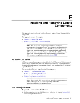 F
Installing and Removing Legato Components F-1
FInstalling and Removing Legato
Components
This appendix describes how to install and remove Legato Storage Manager (LSM)
components.
This appendix contains these topics:
■ Section F.1, "About LSM Server"
■ Section F.2, "About LSM Administrator GUI"
F.1 About LSM Server
LSM server is a media management layer (MML). An MML, such as LSM, is required
for backing up and restoring from tape storage if you are using Recovery Manager
(RMAN) for Oracle database backups and restores. LSM is a scaled-down version of
Legato NetWorker.
This section describes how to perform the following steps:
■ Section F.1.1, "Updating LSM Server"
■ Section F.1.2, "Installing LSM Server"
■ Section F.1.3, "Removing LSM Server"
F.1.1 Updating LSM Server
To update to a newer version of LSM server:
1. Perform a partial removal of LSM server by following the steps in Section F.1.3
and selecting Partial Removal.
Note: You do not need to separately install these two Legato
components on the same computer. The LSM server software includes
LSM Administrator GUI. If you install LSM server, do not separately
install LSM Administrator GUI on the same computer. To administer
LSM server from a separate Windows NT or Windows 2000 computer,
install LSM Administrator GUI on that Windows NT or Windows
2000 computer using the instructions in Section F.2.2.
Note: If you install LSM server software according to the instructions
in this section, you do not need to separately install LSM
Administrator GUI on the same computer.
 