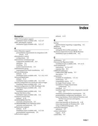 Index-1
Index
Numerics
3DES_112 encryption support
installation types available with, A-2, A-7
3DES_168 integrity support
installation types available with, A-2, A-7
A
Active Directory support
preinstallation requirements for integration with
Oracle, 2-10
administrative context
configuration, 3-8
Administrator installation type
components installed with, A-6
definition, 1-6
installing, 4-11
system requirements for, 2-4
Administrators group
requirements for Oracle installations, 4-2
Advanced Queueing
defined, A-13
installation types available with, A-1, A-6, A-10
Advanced Replication
defined, A-13
installation types available with, A-1, A-10
Apache Configuration for Oracle Java Server Pages
installation types available with, A-4
Apache Configuration for XML Developer’s Kit
installation types available with, A-4
Apache JServ
installation types available with, A-4
Apache Web Server Files
installation types available with, A-4
Assistant Common Files
defined, A-14
AURORA$JIS$UTILITY$
username and password, 5-3
AURORA$ORB$UNAUTHENTICATED
username and password, 5-3
authentication support
defined, A-15
installation types available with, A-2, A-6
preinstallation requirements, 2-8
authorization support
defined, A-15
B
backup
perform before migrating or upgrading, 4-2
BaliShare, A-14
batch mode
setting the NLS_LANG parameter, E-3
Business Components for Java (BC4J) Runtime
installation types available with, A-4
C
certification, 2-7
Character Set Migration Utility
installation types available with, A-9, A-12
client installations
instructions, 4-11 to 4-12
response files, D-1
CMWLITE tablespace
CMWLITE01.DBF datafile, 5-7
description, 5-7
components
available for installation, 1-5, A-1
certification, 2-7
compatibility matrix, 2-7
for single Oracle homes, 2-1
installation of single Oracle home
components, 2-1
installing, 4-3
installing single Oracle home components a second
time, 2-1
mandatory preinstallation requirements, 2-8
postinstallation configuration guidelines, 6-3
removing database, Oracle Internet Directory, and
Net Services services and registry
entries, 4-28
removing manually on Windows 98, 4-30
removing manually on Windows NT, 4-29
using in different languages, D-7
connection descriptor
definition, 3-7
contact information
Legato, A-15
control files, 5-9
 