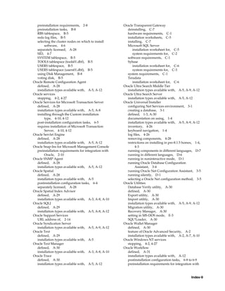 Index-9
preinstallation requirements, 2-8
preinstallation tasks, B-8
RBS tablespace, B-5
redo log files, B-5
selecting the cluster nodes on which to install
software, 4-6
separately licensed, A-28
SID, 4-7
SYSTEM tablespace, B-5
TOOLS tablespace (tools01.dbf), B-5
USERS tablespace, B-5
USERS tablespace (users01.dbf), B-5
using Disk Management, B-8
voting disk, B-5
Oracle Remote Configuration Agent
defined, A-28
installation types available with, A-5, A-12
Oracle services
stopping, 4-2, 4-27
Oracle Services for Microsoft Transaction Server
defined, A-28
installation types available with, A-5, A-8
installing through the Custom installation
type, 4-10, 4-12
post-installation configuration tasks, 6-5
requires installation of Microsoft Transaction
Server, 4-10, 4-12
Oracle Servlet Engine
defined, A-28
installation types available with, A-5, A-12
Oracle Snap-Ins for Microsoft Management Console
preinstallation requirements for integration with
Oracle, 2-10
Oracle SNMP Agent
defined, A-28
installation types available with, A-5, A-12
Oracle Spatial
defined, A-28
installation types available with, A-5
postinstallation configuration tasks, 6-4
separately licensed, A-28
Oracle Spatial Index Advisor
defined, A-29
installation types available with, A-3, A-8, A-10
Oracle SQLJ
defined, A-29
installation types available with, A-5, A-8, A-12
Oracle Support Services
URL address of, 2-14
Oracle Syndication Server
installation types available with, A-5, A-9, A-12
Oracle Text
defined, A-29
installation types available with, A-5
Oracle Text Manager
defined, A-30
installation types available with, A-3, A-8, A-10
Oracle Trace
defined, A-30
installation types available with, A-5, A-12
Oracle Transparent Gateway
deinstalling, C-7
hardware requirements, C-1
installation worksheets, C-5
installing, C-7
Microsoft SQL Server
installation worksheet for, C-5
system requirements for, C-2
software requirements, C-1
Sybase
installation worksheet for, C-6
system requirements for, C-3
system requirements, C-1
Teradata
installation worksheet for, C-6
Oracle Ultra Search Middle Tier
installation types available with, A-5, A-9, A-12
Oracle Ultra Search Server
installation types available with, A-5, A-12
Oracle Universal Installer
configuring Net Services environment, 3-1
creating a database, 3-1
defined, 1-3, A-30
documentation on using, 1-4
installation types available with, A-5, A-9, A-12
inventory, 4-26
keyboard navigation, 1-4
log files, 4-26
removing components, 4-28
restrictions on installing in pre-8.1.5 homes, 1-4,
4-3
running components in different languages, D-7
running in different languages, D-6
running in noninteractive mode, D-1
running Oracle Database Configuration
Assistant, 3-4
running Oracle Net Configuration Assistant, 3-5
running silently, D-1
selecting a Oracle Net configuration method, 3-5
Oracle Utilities
Database Verify utility, A-30
defined, A-30
Export utility, A-30
Import utility, A-30
installation types available with, A-5, A-9, A-12
Migration utility, A-30
Recovery Manager, A-30
setting in MS-DOS mode, E-3
SQL*Loader, A-30
Oracle Wallet Manager
defined, A-30
feature of Oracle Advanced Security, A-2
installation types available with, A-2, A-7, A-10
Oracle Windows NT services
stopping, 4-2, 4-27
Oracle Workflow
defined, A-31
installation types available with, A-12
postinstallation configuration tasks, 6-8 to 6-9
preinstallation requirements for integration with
 