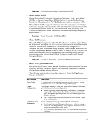 xxi
■ Oracle Objects for OLE
Oracle Objects for OLE supports the creation of temporary binary large objects
(BLOBs) or character large objects (CLOBs) that can be manipulated and then
bound into SQL statements or PL/SQL blocks, or copied into permanent LOBs.
Oracle Objects for OLE supports database events. This asynchronous notification
is modeled along the same lines as the failover handler, thus a client can subscribe
to one or more database events and can continue with other processing. Each
database event that the client is interested in is stored as a subscription by Oracle
Objects for OLE.
■ Oracle OLAP Services
Oracle OLAP Services provides a Java OLAP API and an analytical engine. Using
OLAP Services, developers can build analytical applications that support complex
statistical, mathematical, and financial calculations along with predictive
analytical functions such as forecasting, modeling, consolidations, allocations, and
scenario management. Because the OLAP API is all Java, OLAP Services supports
deployment of analytical applications to large, geographically distributed user
communities on the Internet. Oracle OLAP Services is installed with Oracle9i
Enterprise Edition.
■ Oracle Real Application Clusters
Oracle Real Application Clusters is a new, breakthrough software architecture with
scalability and high availability features that exceed the capabilities of previous
Oracle cluster-enabled software releases.
The following table describes some of the features in Oracle Real Application
Clusters for Oracle9i.
See Also: Oracle Enterprise Manager Administrator's Guide
See Also: Oracle Objects for OLE Online Help
See Also: Oracle9i OLAP Services Concepts and Administration Guide
New Features Description
Cache Fusion A breakthrough technology that guarantees cache coherency among
multiple cluster nodes without incurring disk I/O costs.
Cluster
Configuration
The Oracle9i release of Oracle Real Application Clusters on Windows
provides for easier cluster configuration:
■ Oracle Operating System Dependent clusterware (Oracle OSDs)
are provided in this release. The OSDs serve as communication
links between the operating system and Oracle Real Application
Clusters software.
■ The Oracle Cluster Setup Wizard creates a cluster or adds a node
to an existing cluster.
Centralized Node
Information
Easier configuration through centralized node information:
■ Use Oracle Enterprise Manager or the srvctl utility to manage
instances, including adding or removing them. There is no need to
update distributed files on the nodes.
■ Add an instance dynamically using Oracle Database Configuration
Assistant.
 