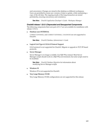 xxiii
and concurrency. Changes are stored in the database as different workspaces.
Users are permitted to create new versions of data to update, while maintaining a
copy of the old data. The ongoing results of the long transaction are stored
persistently, ensuring concurrency and consistency.
Oracle9i release 1 (9.0.1) Deprecated and Desupported Components
The following components that were part of 8.1.7 are not available for installation with
release 1 (9.0.1):
■ Database user INTERNAL
CONNECTINTERNAL and CONNECTINTERNAL/PASSWORD are not supported in
Oracle9i.
■ Logical Unit Type 6.2 (LU6.2) Protocol Support
LU6.2 protocol is not supported for Oracle9i. Migrate or upgrade to TCP/IP-based
protocols.
■ Server Manager
Server Manager is no longer available. Use SQL*Plus instead. Most Server
Manager scripts should work in a SQL*Plus environment, but some scripts need to
be modified.
■ Windows 95
Windows 95 is not supported for Oracle9i.
■ Very Large Memory (VLM)
Very Large Memory (VLM) configurations are not supported for this release.
See Also: Oracle9i Application Developer's Guide - Workspace Manager
See Also: Oracle9i Database Administrator's Guide
See Also: Oracle9i Database Migration for information about
modifying Server Manager scripts
 