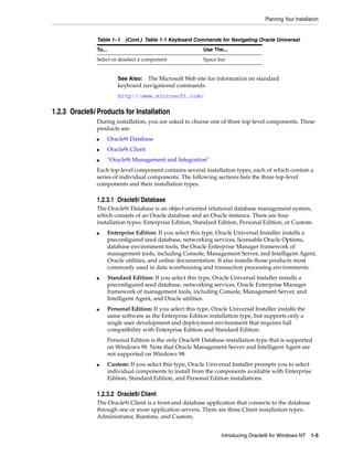 Planning Your Installation
Introducing Oracle9i for Windows NT 1-5
1.2.3 Oracle9i Products for Installation
During installation, you are asked to choose one of three top-level components. These
products are:
■ Oracle9i Database
■ Oracle9i Client
■ "Oracle9i Management and Integration"
Each top-level component contains several installation types, each of which contain a
series of individual components. The following sections lists the three top-level
components and their installation types.
1.2.3.1 Oracle9i Database
The Oracle9i Database is an object-oriented relational database management system,
which consists of an Oracle database and an Oracle instance. There are four
installation types: Enterprise Edition, Standard Edition, Personal Edition, or Custom.
■ Enterprise Edition: If you select this type, Oracle Universal Installer installs a
preconfigured seed database, networking services, licensable Oracle Options,
database environment tools, the Oracle Enterprise Manager framework of
management tools, including Console, Management Server, and Intelligent Agent,
Oracle utilities, and online documentation. It also installs those products most
commonly used in data warehousing and transaction processing environments.
■ Standard Edition: If you select this type, Oracle Universal Installer installs a
preconfigured seed database, networking services, Oracle Enterprise Manager
framework of management tools, including Console, Management Server, and
Intelligent Agent, and Oracle utilities.
■ Personal Edition: If you select this type, Oracle Universal Installer installs the
same software as the Enterprise Edition installation type, but supports only a
single user development and deployment environment that requires full
compatibility with Enterprise Edition and Standard Edition.
Personal Edition is the only Oracle9i Database installation type that is supported
on Windows 98. Note that Oracle Management Server and Intelligent Agent are
not supported on Windows 98.
■ Custom: If you select this type, Oracle Universal Installer prompts you to select
individual components to install from the components available with Enterprise
Edition, Standard Edition, and Personal Edition installations.
1.2.3.2 Oracle9i Client
The Oracle9i Client is a front-end database application that connects to the database
through one or more application servers. There are three Client installation types:
Administrator, Runtime, and Custom.
Select or deselect a component Space bar
See Also: The Microsoft Web site for information on standard
keyboard navigational commands:
http://www.microsoft.com/
Table 1–1 (Cont.) Table 1-1 Keyboard Commands for Navigating Oracle Universal
To... Use The...
 