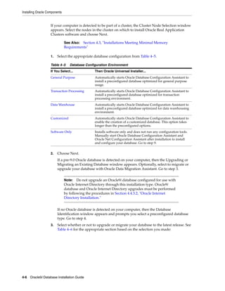 Installing Oracle Components
4-6 Oracle9i Database Installation Guide
If your computer is detected to be part of a cluster, the Cluster Node Selection window
appears. Select the nodes in the cluster on which to install Oracle Real Application
Clusters software and choose Next.
1. Select the appropriate database configuration from Table 4–5.
2. Choose Next.
If a pre-9.0 Oracle database is detected on your computer, then the Upgrading or
Migrating an Existing Database window appears. Optionally, select to migrate or
upgrade your database with Oracle Data Migration Assistant. Go to step 3.
If no Oracle database is detected on your computer, then the Database
Identification window appears and prompts you select a preconfigured database
type. Go to step 4.
3. Select whether or not to upgrade or migrate your database to the latest release. See
Table 4–6 for the appropriate section based on the selection you made:
See Also: Section 4.3, "Installations Meeting Minimal Memory
Requirements"
Table 4–5 Database Configuration Environment
If You Select... Then Oracle Universal Installer...
General Purpose Automatically starts Oracle Database Configuration Assistant to
install a preconfigured database optimized for general purpose
usage.
Transaction Processing Automatically starts Oracle Database Configuration Assistant to
install a preconfigured database optimized for transaction
processing environment.
Data Warehouse Automatically starts Oracle Database Configuration Assistant to
install a preconfigured database optimized for data warehousing
environment.
Customized Automatically starts Oracle Database Configuration Assistant to
enable the creation of a customized database. This option takes
longer than the preconfigured options.
Software Only Installs software only and does not run any configuration tools.
Manually start Oracle Database Configuration Assistant and
Oracle Net Configuration Assistant after installation to install
and configure your database. Go to step 9.
Note: Do not upgrade an Oracle9i database configured for use with
Oracle Internet Directory through this installation type. Oracle9i
database and Oracle Internet Directory upgrades must be performed
by following the procedures in Section 4.4.3.2, "Oracle Internet
Directory Installation."
 