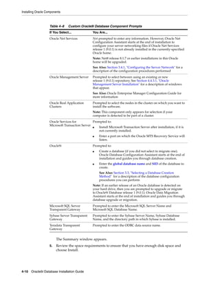 Installing Oracle Components
4-10 Oracle9i Database Installation Guide
The Summary window appears.
5. Review the space requirements to ensure that you have enough disk space and
choose Install.
Table 4–8 Custom Oracle9i Database Component Prompts
If You Select... You Are...
Oracle Net Services Not prompted to enter any information. However, Oracle Net
Configuration Assistant starts at the end of installation to
configure your server networking files if Oracle Net Services
release 1 (9.0.1) is not already installed in the currently-specified
Oracle home.
Note: Net8 release 8.1.7 or earlier installations in this Oracle
home will be upgraded.
See Also: Section 3.4.1, "Configuring the Server Network" for a
description of the configuration procedures performed
Oracle Management Server Prompted to select between using an existing or new
release 1 (9.0.1) repository. See Section 4.4.3.1, "Oracle
Management Server Installation" for a description of windows
that appear.
See Also: Oracle Enterprise Manager Configuration Guide for
more information
Oracle Real Application
Clusters
Prompted to select the nodes in the cluster on which you want to
install the software.
Note: This component only appears for selection if your
computer is detected to be part of a cluster.
Oracle Services for
Microsoft Transaction Server
Prompted to:
■ Install Microsoft Transaction Server after installation, if it is
not currently installed.
■ Enter a port on which the Oracle MTS Recovery Service will
listen.
Oracle9i Prompted to:
■ Create a database (if you did not select to migrate one).
Oracle Database Configuration Assistant starts at the end of
installation and guides you through database creation.
■ Enter the global database name and SID of the database to
create.
See Also: Section 3.3, "Selecting a Database Creation
Method" for a description of the database configuration
procedures you can perform
Note: If an earlier release of an Oracle database is detected on
your hard drive, then you are prompted to upgrade or migrate
to Oracle9i Database release 1 (9.0.1). Oracle Data Migration
Assistant starts at the end of installation and guides you through
database upgrade or migration.
Microsoft SQL Server
Transparent Gateway
Prompted to enter the Microsoft SQL Server Name and
Microsoft SQL Database Name.
Sybase Server Transparent
Gateway
Prompted to enter the Sybase Server Name, Sybase Database
Name, and the directory path in which Sybase is installed.
Teradata Transparent
Gateway
Prompted to enter the ODBC data source name.
 