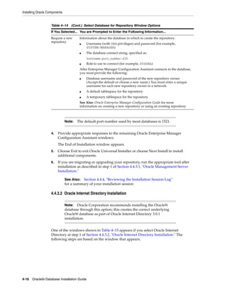 Installing Oracle Components
4-16 Oracle9i Database Installation Guide
4. Provide appropriate responses to the remaining Oracle Enterprise Manager
Configuration Assistant windows.
The End of Installation window appears.
5. Choose Exit to exit Oracle Universal Installer or choose Next Install to install
additional components.
6. If you are migrating or upgrading your repository, run the appropriate tool after
installation as described in step 1 of Section 4.4.3.1, "Oracle Management Server
Installation."
4.4.3.2 Oracle Internet Directory Installation
One of the windows shown in Table 4–15 appears if you select Oracle Internet
Directory at step 1 of Section 4.4.3.2, "Oracle Internet Directory Installation." The
following steps are based on the window that appears.
Require a new
repository
Information about the database in which to create the repository:
■ Username (with DBA privileges) and password (for example,
SYSTEM/MANAGER)
■ The database connect string, specified as:
hostname:port_number:SID
■ Role to use to connect (for example, SYSDBA)
After Enterprise Manager Configuration Assistant connects to the database,
you must provide the following:
■ Database username and password of the new repository owner.
(Accept the default or choose a new name.) You must enter a unique
username for each new repository owner in a network.
■ A default tablespace for the repository
■ A temporary tablespace for the repository
See Also: Oracle Enterprise Manager Configuration Guide for more
information on creating a new repository or using an existing repository
Note: The default port number used by most databases is 1521.
See Also: Section 4.4.4, "Reviewing the Installation Session Log"
for a summary of your installation session
Note: Oracle Corporation recommends installing the Oracle9i
database through this option; this creates the correct underlying
Oracle9i database as part of Oracle Internet Directory 3.0.1
installation.
Table 4–14 (Cont.) Select Database for Repository Window Options
If You Selected... You are Prompted to Enter the Following Information...
 