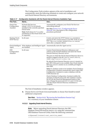 Installing Oracle Components
4-18 Oracle9i Database Installation Guide
The Configuration Tools window appears at the end of installation and
automatically starts the following assistants to create and configure your network
and Oracle Internet Directory environments:
The End of Installation window appears.
8. Choose Exit to exit Oracle Universal Installer or choose Next Install to install
additional components.
4.4.3.2.2 Upgrading Oracle Internet Directory
Table 4–17 Configuration Assistants with the Oracle Internet Directory Installation Type
This Tool... Starts... And...
Oracle Net
Configuration
Assistant
If Oracle Net Services
release 1 (9.0.1) is not already
installed in the currently-specified
Oracle home
Note: Net8 release 8.1.7 or earlier
installations in this Oracle home will
be upgraded.
Automatically configures your Oracle Net Services
networking software
See Also: Section 3.4.1, "Configuring the Server
Network" for a description of the configuration
procedures performed
Starting Oracle
HTTP Service
In all cases Creates and starts the HTTP listener as a standalone
process for the current session in non-SSL mode on port
7777. The OracleHOME_NAMEHTTPServer service
starts after a computer reboot.
Oracle Intelligent
Agent
If the database and Intelligent Agent
are installed
Automatically starts the Agent service
OiD
Configuration
Assistant
In all cases Creates Oracle Internet Directory tablespaces and
schema in the Oracle9i Database and starts the Oracle
Internet Directory directory server
The port on which the Oracle Internet Directory Server is
started is logged in the file ORACLE_BASEORACLE_
HOMEldapinstalloidca.log.
By default Oracle Internet Directory server is started on
port 389. If this port is not available, then Oracle Internet
Directory server is started on an available port higher
than 5000.
Note: If a database needs to be installed, Oracle Database
Configuration Assistant automatically starts within OiD
Configuration Assistant to create a database with the
UTF8 character set.
Oracle Database Configuration Assistant enables the
changing of default passwords after database creation.
Do not use the Password Management button at this
time. Change the passwords for SYS and SYSTEM only
after the Oracle Internet Directory installation is
complete.
See Also: Section 4.4.4, "Reviewing the Installation Session Log"
for a summary of your installation session
Note: Before upgrading Oracle Internet Directory, the OID
Database Password must be reset to ods using the command line
OID Database Password Utility. Enter the following command:
oidpasswd [connect=net_service_name]
 