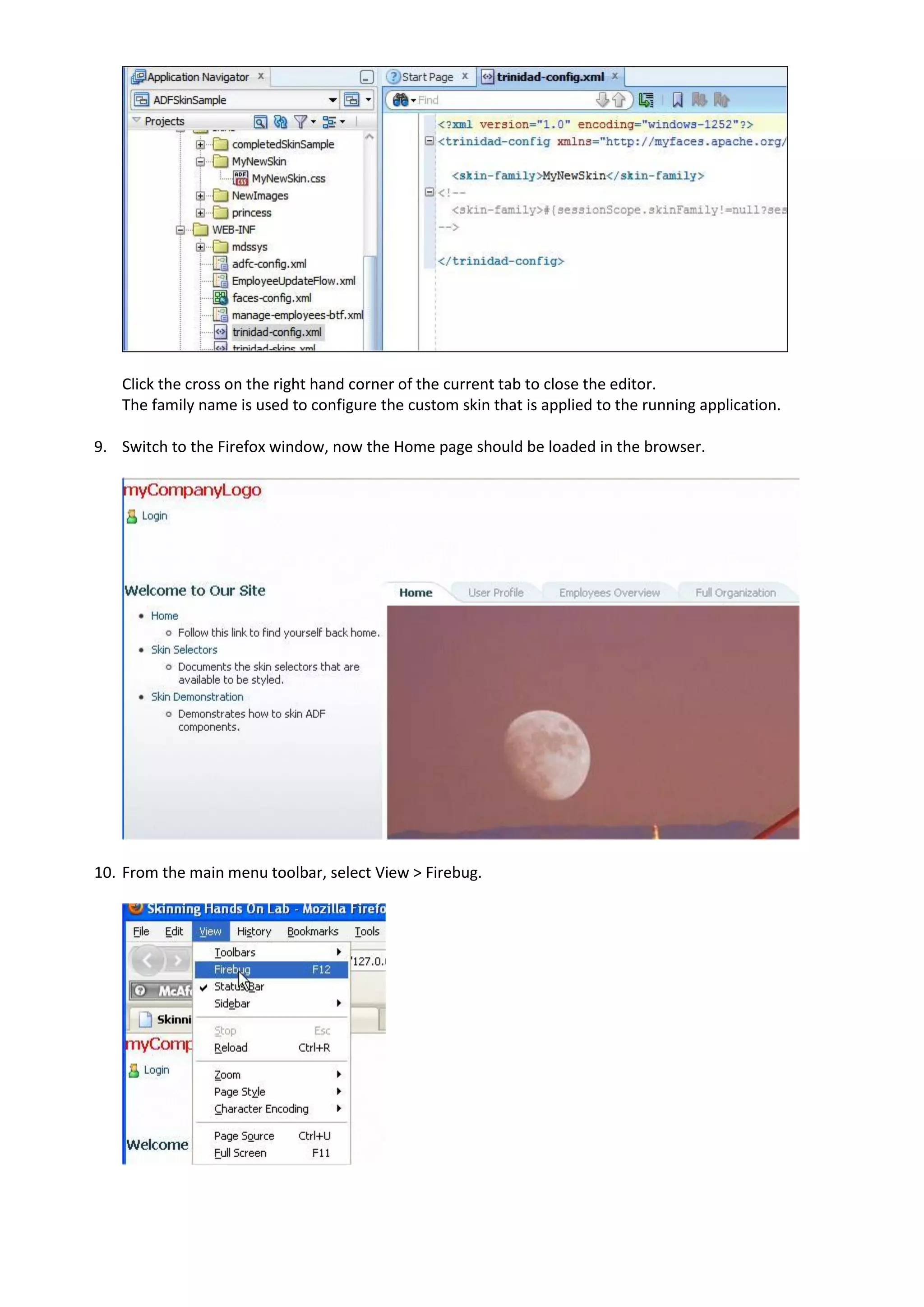 Click the cross on the right hand corner of the current tab to close the editor.
   The family name is used to configure the custom skin that is applied to the running application.

9. Switch to the Firefox window, now the Home page should be loaded in the browser.




10. From the main menu toolbar, select View > Firebug.
 