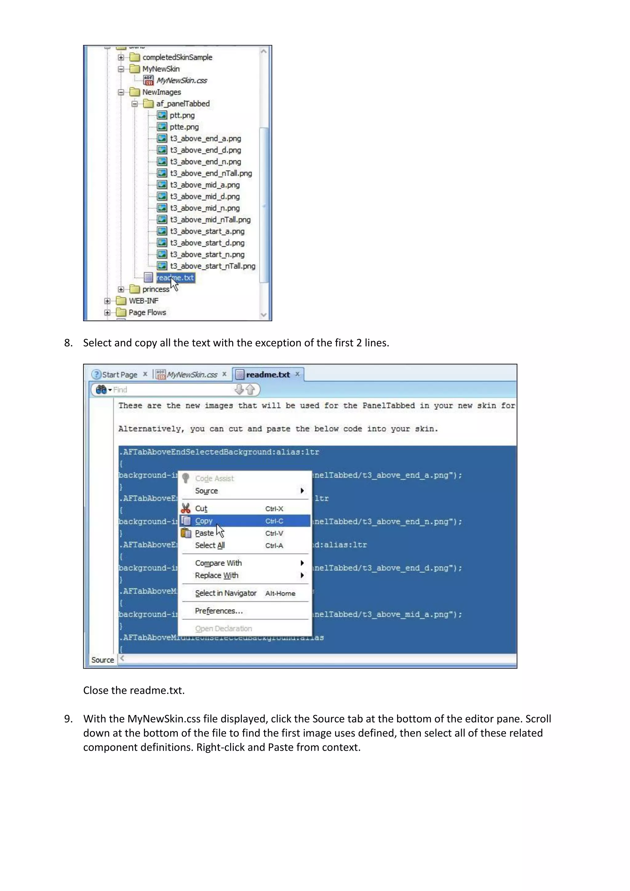 8. Select and copy all the text with the exception of the first 2 lines.




    Close the readme.txt.

9. With the MyNewSkin.css file displayed, click the Source tab at the bottom of the editor pane. Scroll
   down at the bottom of the file to find the first image uses defined, then select all of these related
   component definitions. Right-click and Paste from context.
 