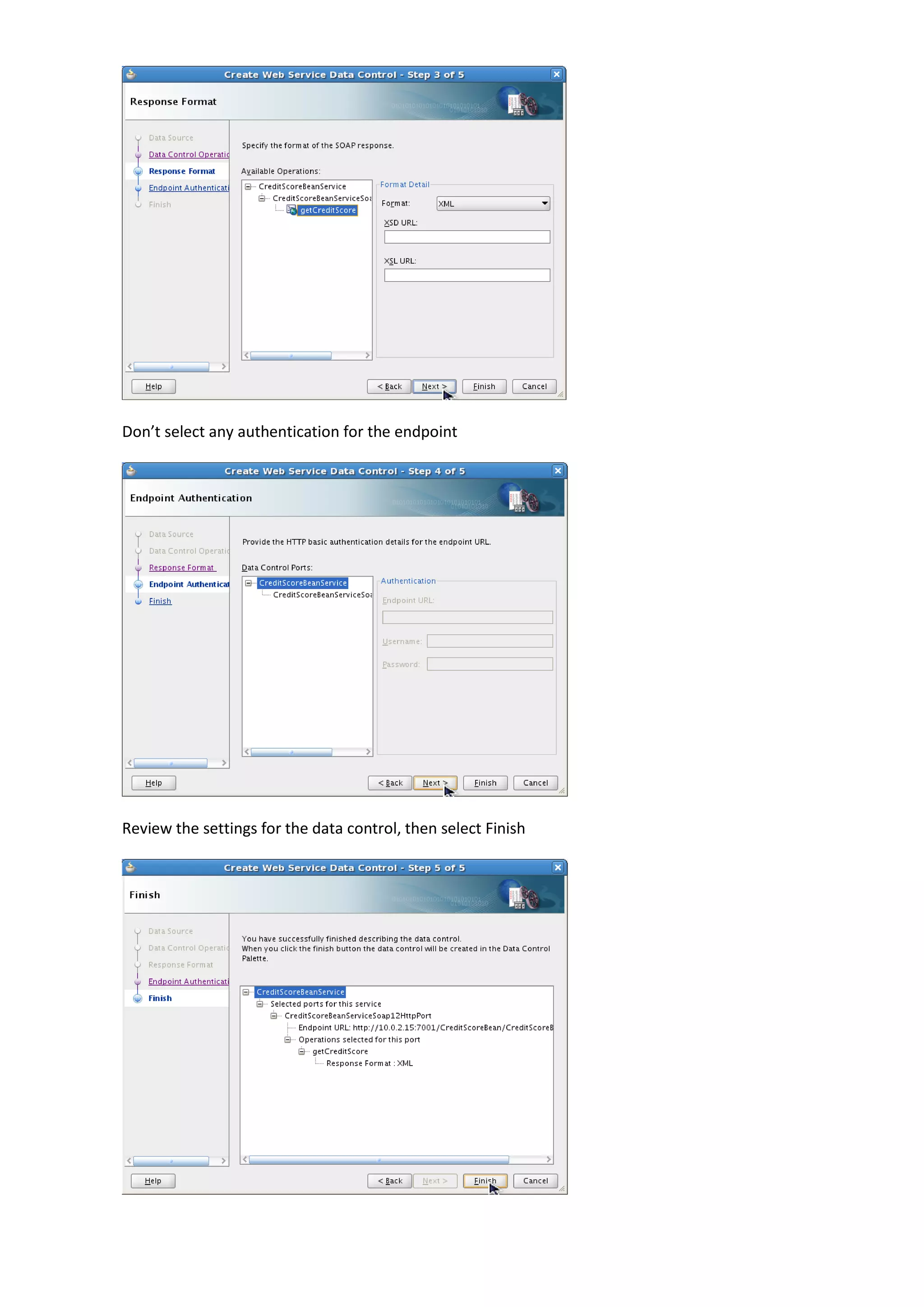 Don’t select any authentication for the endpoint Review the settings for the data control, then select Finish 