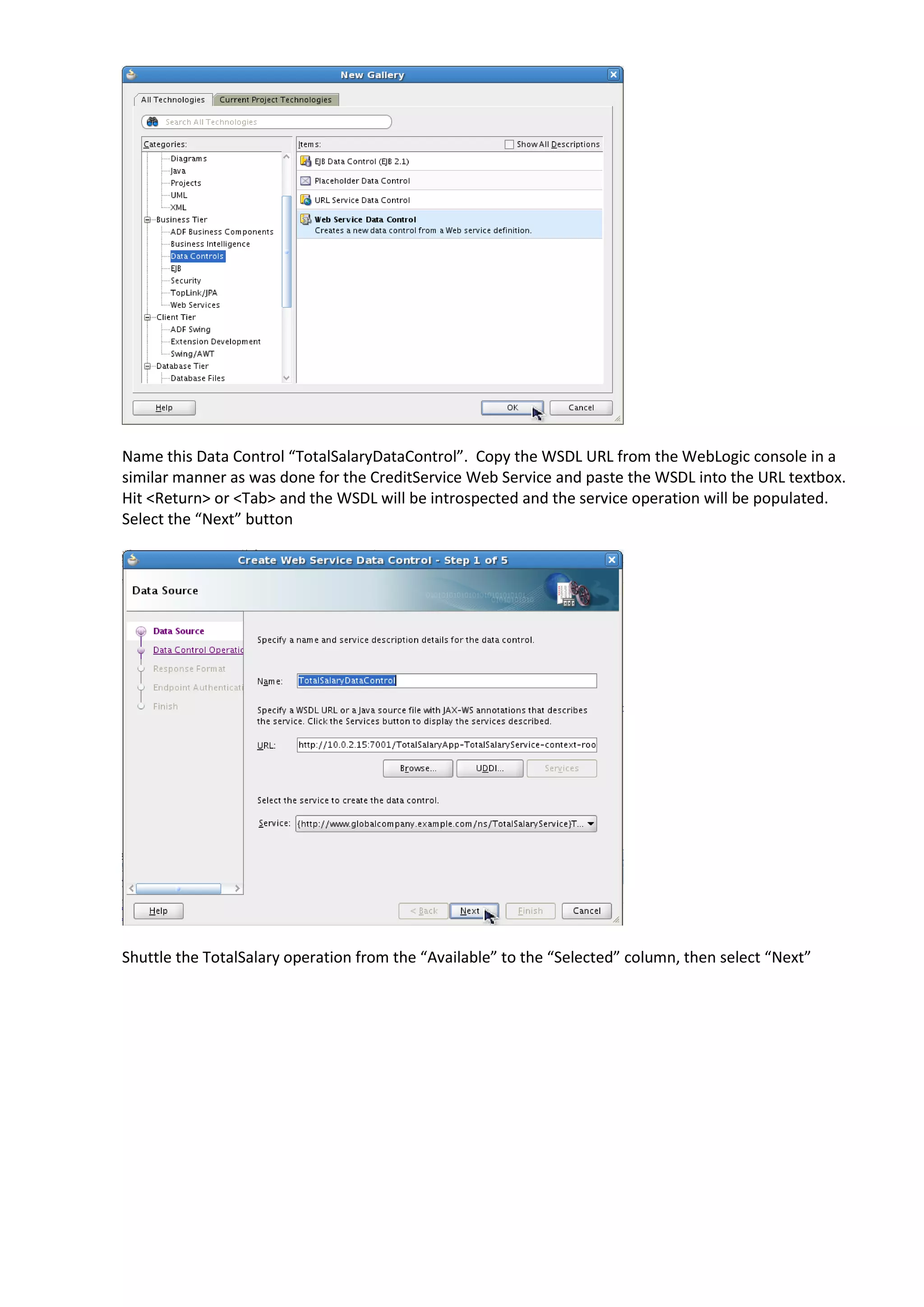 Name this Data Control “TotalSalaryDataControl”. Copy the WSDL URL from the WebLogic console in a similar manner as was done for the CreditService Web Service and paste the WSDL into the URL textbox. Hit <Return> or <Tab> and the WSDL will be introspected and the service operation will be populated. Select the “Next” button Shuttle the TotalSalary operation from the “Available” to the “Selected” column, then select “Next” 