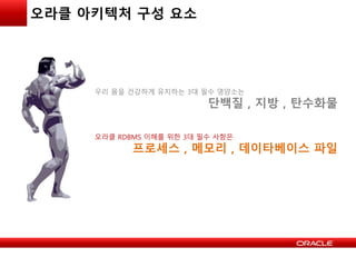 오라클 아키텍처 구성 요소
우리 몸을 건강하게 유지하는 3대 필수 영양소는
단백질 , 지방 , 탄수화물
오라클 RDBMS 이해를 위한 3대 필수 사항은
프로세스 , 메모리 , 데이타베이스 파일
 