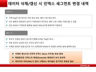 데이터 삭제/갱신 시 인덱스 세그먼트 변경 내역
 삭제 flag만 표시하므로 저장 공간 낭비, 범위 스캔 대상 증가
 리프 블록의 대부분의 로우가 삭제되었다 하더라도 범위 스캔 시에는 액세스될 수 있음.
 모든 ROW가 삭제되면 블록을 INDEX FREELIST에 등록하여 자원관리
삭제 시
 로우의 삭제와 삽입이 동시에 진행됨.(삭제는 flag만 표시)
 저장 공간의 낭비와 트리 구조의 깊이가 증가
 삭제된 ROW가 동일 값으로 다시 입력되면 ROWID가 변경된 상태로 원래 블록에 생성
갱신 시
삭제와 갱신으로 인하여 인덱스 Skew( 치우침) 현상 발생
해결방안은 인덱스의 재생성(rebuild)-재생성이 보다 효과적
데이터의 처리(DML)가 많이 수행되는 테이블은 정기적인 재생성 필요
 