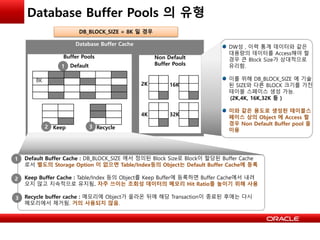 Database Buffer Pools 의 유형
Database Buffer Cache
Buffer Pools
Default
8K
Keep Recycle
Non Default
Buffer Pools
2K
4K 32K
16K
Default Buffer Cache : DB_BLOCK_SIZE 에서 정의된 Block Size로 Block이 할당된 Buffer Cache
로서 별도의 Storage Option 이 없으면 Table/Index등의 Object는 Default Buffer Cache에 등록
Keep Buffer Cache : Table/Index 등의 Object를 Keep Buffer에 등록하면 Buffer Cache에서 내려
오지 않고 지속적으로 유지됨. 자주 쓰이는 조회성 데이터의 메모리 Hit Ratio를 높이기 위해 사용
Recycle buffer cache : 메모리에 Object가 올라온 뒤에 해당 Transaction이 종료된 후에는 다시
메모리에서 제거됨. 거의 사용되지 않음.
1
2 3
1
2
3
DW성 , 이력 통계 데이터와 같은
대용량의 데이터를 Access해야 할
경우 큰 Block Size가 상대적으로
유리함.
이를 위해 DB_BLOCK_SIZE 에 기술
된 SIZE와 다른 BLOCK 크기를 가진
테이블 스페이스 생성 가능.
(2K,4K, 16K,32K 등 )
이와 같은 용도로 생성된 테이블스
페이스 상의 Object 에 Access 할
경우 Non Default Buffer pool 을
이용
DB_BLOCK_SIZE = 8K 일 경우
 