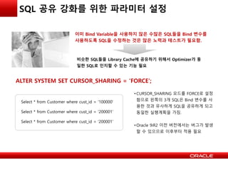 SQL 공유 강화를 위한 파라미터 설정
이미 Bind Variable을 사용하지 않은 수많은 SQL들을 Bind 변수를
사용하도록 SQL을 수정하는 것은 많은 노력과 테스트가 필요함.
비슷한 SQL들을 Library Cache에 공유하기 위해서 Optimizer가 동
일한 SQL로 인지할 수 있는 기능 필요
Select * from Customer where cust_id = ‘100000’
Select * from Customer where cust_id = ‘200001’
Select * from Customer where cust_id = ‘200001’
ALTER SYSTEM SET CURSOR_SHARING = ‘FORCE’;
• CURSOR_SHARING 모드를 FORCE로 설정
함으로 왼쪽의 3개 SQL은 Bind 변수를 사
용한 것과 유사하게 SQL을 공유하게 되고
동일한 실행계획을 가짐.
• Oracle 9iR2 이전 버전에서는 버그가 발생
할 수 있으므로 이후부터 적용 필요
 
