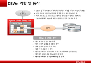 DBWn 역할 및 동작
System Global Area ( SGA )
Buffer Cache
Dirty Block
DataFilesDBWR
서버
프로세스
• DBWn 은 데이터베이스 버퍼 캐시의 더티 버퍼를 데이터 파일에 기록함
• 버퍼 캐시에 사용 가능한 버퍼 영역을 다시 확보 가능하게 함.
• 서버 프로세스는 Buffer Cache에서만 데이터를 수정하고 DBWn이
Datafile에 대한 Write를 일괄 수행하므로 전체 DB 성능 향상
• 체크 포인트가 발생하는 경우
• 더티 버퍼가 임계값에 도달한 경우
• 사용 가능한 버퍼가 없는 경우
• 일정 시간 초과가 된 경우
• 테이블 스페이스가 OFFLINE 되거나 READ ONLY 설정 된 순간
• 테이블이 DROP 또는 TRUNCATE 인 경우
• 테이블 스페이스가 Begin Backup 인 경우
DBWn 동작하는 경우
 