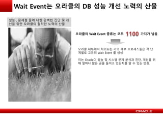 Wait Event는 오라클의 DB 성능 개선 노력의 산물
오라클 내부에서 처리되는 거의 세부 프로세스들은 각 단
계별로 고유의 Wait Event 를 생성
이는 Oracle이 성능 및 시스템 문제 분석과 진단, 개선을 위
해 얼마나 많은 공을 들이고 있는지를 알 수 있는 반증.
오라클의 Wait Event 종류는 모두 가지가 넘음.
성능 , 문제점 들에 대한 완벽한 진단 및 개
선을 위한 오라클의 철저한 노력의 산물
 