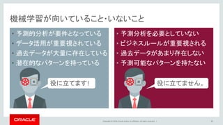 Copyright © 2016, Oracle and/or its affiliates. All rights reserved. |
• 予測的分析が要件となっている
• データ活用が重要視されている
• 過去データが大量に存在している
• 潜在的なパターンを持っている
• 予測分析を必要としていない
• ビジネスルールが重要視される
• 過去データがあまり存在しない
• 予測可能なパターンを持たない
21
機械学習が向いていること・いないこと
役に立てます! 役に立てません。
 