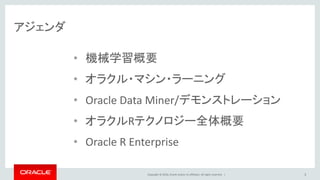 Copyright © 2016, Oracle and/or its affiliates. All rights reserved. |
アジェンダ
• 機械学習概要
• オラクル・マシン・ラーニング
• Oracle Data Miner/デモンストレーション
• オラクルRテクノロジー全体概要
• Oracle R Enterprise
3
 