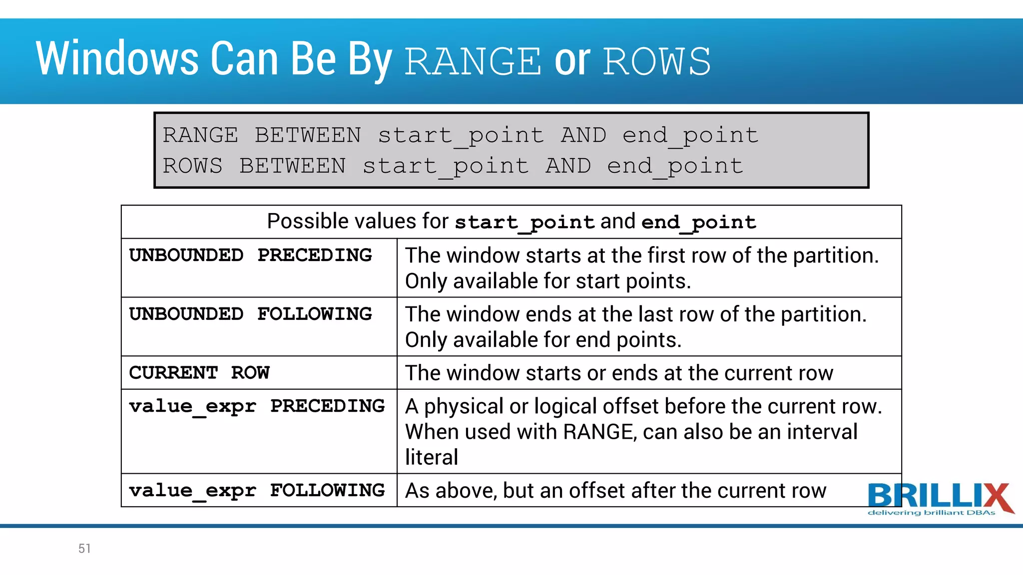 Windows Can Be By RANGE or ROWS
51
Possible values for start_point and end_point
UNBOUNDED PRECEDING The window starts at the first row of the partition.
Only available for start points.
UNBOUNDED FOLLOWING The window ends at the last row of the partition.
Only available for end points.
CURRENT ROW The window starts or ends at the current row
value_expr PRECEDING A physical or logical offset before the current row.
When used with RANGE, can also be an interval
literal
value_expr FOLLOWING As above, but an offset after the current row
RANGE BETWEEN start_point AND end_point
ROWS BETWEEN start_point AND end_point
 