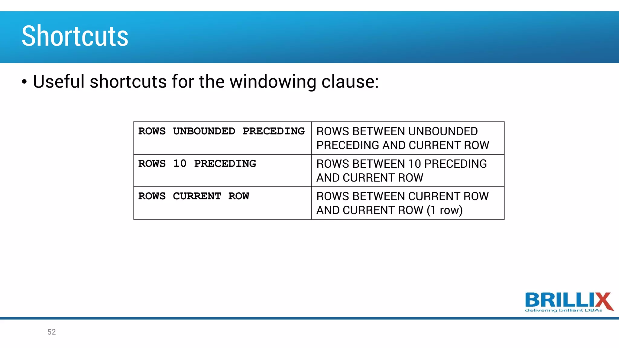 Shortcuts
• Useful shortcuts for the windowing clause:
52
ROWS UNBOUNDED PRECEDING ROWS BETWEEN UNBOUNDED
PRECEDING AND CURRENT ROW
ROWS 10 PRECEDING ROWS BETWEEN 10 PRECEDING
AND CURRENT ROW
ROWS CURRENT ROW ROWS BETWEEN CURRENT ROW
AND CURRENT ROW (1 row)
 