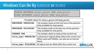Windows Can Be By RANGE or ROWS
51
Possible values for start_point and end_point
UNBOUNDED PRECEDING The window starts at the first row of the partition.
Only available for start points.
UNBOUNDED FOLLOWING The window ends at the last row of the partition.
Only available for end points.
CURRENT ROW The window starts or ends at the current row
value_expr PRECEDING A physical or logical offset before the current row.
When used with RANGE, can also be an interval
literal
value_expr FOLLOWING As above, but an offset after the current row
RANGE BETWEEN start_point AND end_point
ROWS BETWEEN start_point AND end_point
 