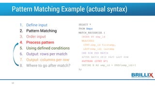 1. Define input
2. Pattern Matching
3. Order input
4. Process pattern
5. Using defined conditions
6. Output: rows per match
7. Output: columns per row
8. Where to go after match?
Pattern Matching Example (actual syntax)
SELECT *
FROM Emps
MATCH_RECOGNIZE (
ORDER BY emp_id
MEASURES
STRT.emp_id firstemp,
LAST(emp_id) lastemp
ONE ROW PER MATCH
AFTER MATCH SKIP PAST LAST ROW
PATTERN (STRT B*)
DEFINE B AS emp_id = PREV(emp_id)+1
);
63
 