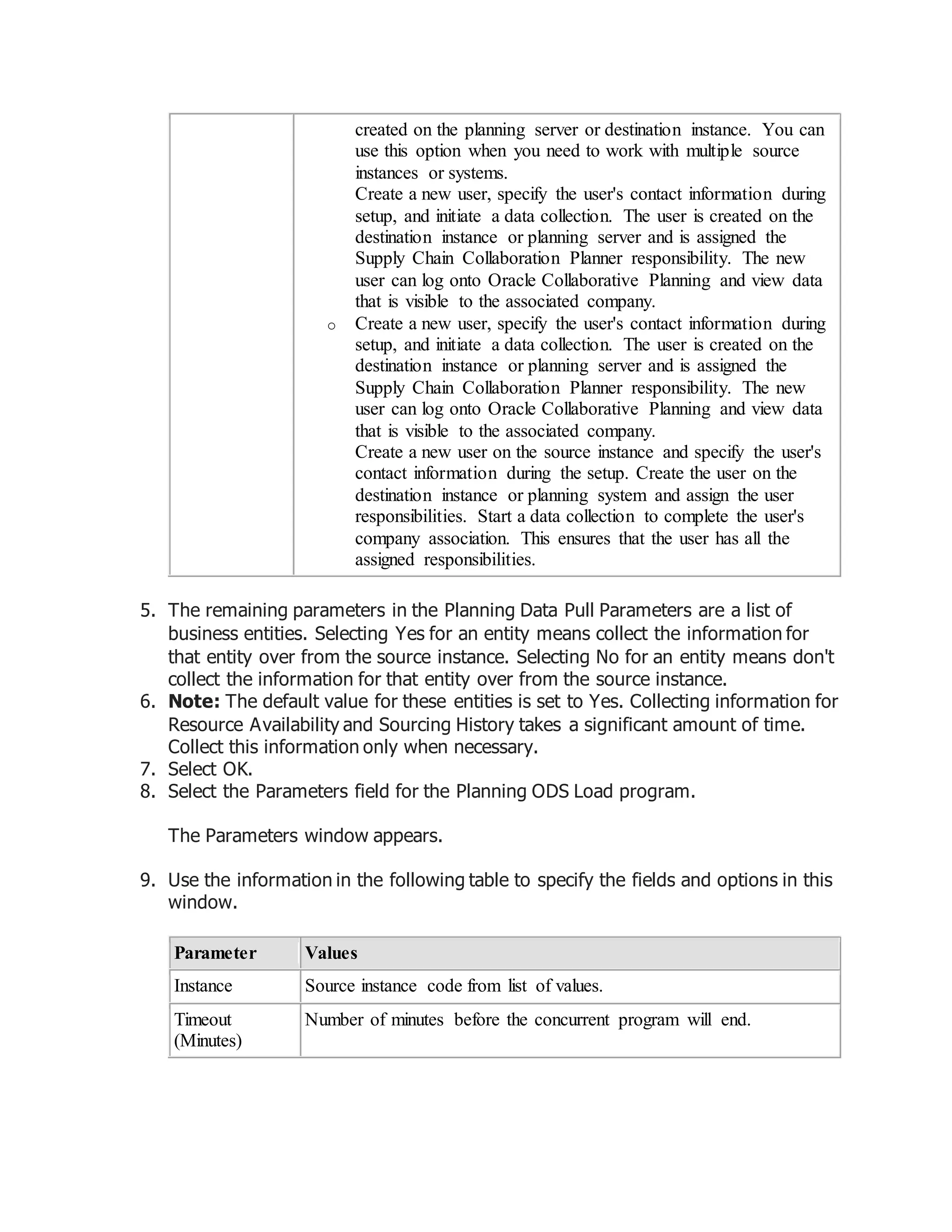 created on the planning server or destination instance. You can
use this option when you need to work with multiple source
instances or systems.
Create a new user, specify the user's contact information during
setup, and initiate a data collection. The user is created on the
destination instance or planning server and is assigned the
Supply Chain Collaboration Planner responsibility. The new
user can log onto Oracle Collaborative Planning and view data
that is visible to the associated company.
o Create a new user, specify the user's contact information during
setup, and initiate a data collection. The user is created on the
destination instance or planning server and is assigned the
Supply Chain Collaboration Planner responsibility. The new
user can log onto Oracle Collaborative Planning and view data
that is visible to the associated company.
Create a new user on the source instance and specify the user's
contact information during the setup. Create the user on the
destination instance or planning system and assign the user
responsibilities. Start a data collection to complete the user's
company association. This ensures that the user has all the
assigned responsibilities.
5. The remaining parameters in the Planning Data Pull Parameters are a list of
business entities. Selecting Yes for an entity means collect the information for
that entity over from the source instance. Selecting No for an entity means don't
collect the information for that entity over from the source instance.
6. Note: The default value for these entities is set to Yes. Collecting information for
Resource Availability and Sourcing History takes a significant amount of time.
Collect this information only when necessary.
7. Select OK.
8. Select the Parameters field for the Planning ODS Load program.
The Parameters window appears.
9. Use the information in the following table to specify the fields and options in this
window.
Parameter Values
Instance Source instance code from list of values.
Timeout
(Minutes)
Number of minutes before the concurrent program will end.
 