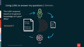 The LLM’s response
based on its general
knowledge isn’t great.
Why?
Copyright © 2025, Oracle and/or its affiliates
Because
it is bad.
Maybe buy
a new one
Why does
my laptop
keep
rebooting?
LLM
User
Using LLMs to answer my questions | Hmmm..
WHAAAT!!
 