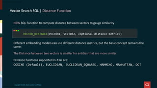 Vector Search SQL | Distance Function
Copyright © 2025, Oracle and/or its affiliates
NEW SQL Function to compute distance between vectors to gauge similarity
Different embedding models can use different distance metrics, but the basic concept remains the
same:
The Distance between two vectors is smaller for entities that are more similar
Distance functions supported in 23ai are:
COSINE (Default), EUCLIDEAN, EUCLIDEAN_SQUARED, HAMMING, MANHATTAN, DOT
VECTOR_DISTANCE(VECTOR1, VECTOR2, <optional distance metric>)
 