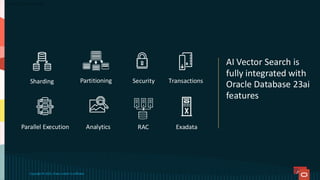 AI Vector Search is
fully integrated with
Oracle Database 23ai
features
Copyright © 2025, Oracle and/or its affiliates
Parallel Execution Analytics
Sharding Partitioning Security
RAC
Transactions
Exadata
 