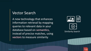 Vector Search
Copyright © 2025, Oracle and/or its affiliates
A new technology that enhances
information retrieval by mapping
queries to relevant data in your
database based on semantics,
instead of precise matches, using
vectors to measure similarity
Similarity Search
 