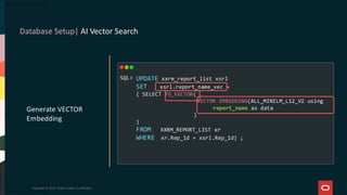 Database Setup| AI Vector Search
Copyright © 2025, Oracle and/or its affiliates
Generate VECTOR
Embedding
SQL> UPDATE xxrm_report_list xsrl
SET xsrl.report_name_vec =
( SELECT TO_VECTOR(
VECTOR EMBEDDING(ALL_MINILM_L12_V2 using
report_name as data
)
)
FROM XXRM_REPORT_LIST xr
WHERE xr.Rep_Id = xsrl.Rep_Id) ;
 