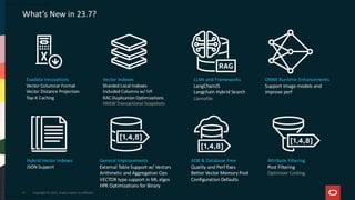 Copyright © 2025, Oracle and/or its affiliates
57
What’s New in 23.7?
Exadata Innovations
Vector Columnar Format
Vector Distance Projection
Top-K Caching
Vector Indexes
Sharded Local Indexes
Included Columns w/ IVF
RAC Duplication Optimizations
HNSW Transactional Snapshots
LLMs and Frameworks
LangChainJS
Langchain Hybrid Search
Llamafile
ONNX Runtime Enhancements
Support image models and
improve perf
Hybrid Vector Indexes
JSON Support
General Improvements
External Table Support w/ Vectors
Arithmetic and Aggregation Ops
VECTOR type support in ML algos
HPK Optimizations for Binary
ADB & Database Free
Quality and Perf fixes
Better Vector Memory Pool
Configuration Defaults
Attribute Filtering
Post Filtering
Optimizer Costing
 