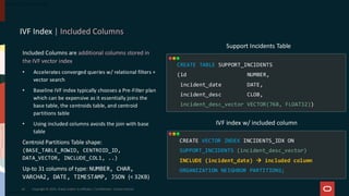 Copyright © 2024, Oracle and/or its affiliates | Confidential - Oracle Internal
62
IVF Index | Included Columns
Included Columns are additional columns stored in
the IVF vector index
• Accelerates converged queries w/ relational filters +
vector search
• Baseline IVF index typically chooses a Pre-Filter plan
which can be expensive as it essentially joins the
base table, the centroids table, and centroid
partitions table
• Using included columns avoids the join with base
table
Centroid Partitions Table shape:
(BASE_TABLE_ROWID, CENTROID_ID,
DATA_VECTOR, INCLUDE_COL1, ..)
Up-to 31 columns of type: NUMBER, CHAR,
VARCHA2, DATE, TIMESTAMP, JSON (< 32KB)
CREATE TABLE SUPPORT_INCIDENTS
(id NUMBER,
incident_date DATE,
incident_desc CLOB,
incident_desc_vector VECTOR(768, FLOAT32))
Support Incidents Table
CREATE VECTOR INDEX INCIDENTS_IDX ON
SUPPORT_INCIDENTS (incident_desc_vector)
INCLUDE (incident_date) → included column
ORGANIZATION NEIGHBOR PARTITIONS;
IVF index w/ included column
 