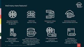 And many more features!
Exadata Innovations
Offload SPARSE
Vector Search, Performance
Fixes
HNSW Index
Optimizer Costing
LLMs and Frameworks
LangChainJS,
Langchain Hybrid Search
General Improvements
PMOP support with Vector Indexes,
Native Client Drivers for Binary,
Sparse formats, Stats Bootstrap for
Index Calibration
Miscellaneous
Arithmetic/Aggregation
operations on vectors,
PLSQL support for BINARY
Oracle ML Integration
VECTOR type support in
ML algorithms
.7
Hybrid Vector Indexes
JSON support
Autonomous Database
Quality and Performance Fixes
Copyright © 2024, Oracle and/or its affiliates | Confidential - Oracle Internal
65
 
