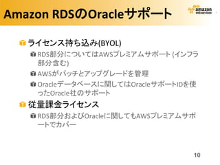 Amazon RDSのOracleサポート

   ライセンス持ち込み(BYOL)
    RDS部分についてはAWSプレミアムサポート (インフラ
    部分含む)
    AWSがパッチとアップグレードを管理
    Oracleデータベースに関してはOracleサポートIDを使
    ったOracle社のサポート
   従量課金ライセンス
    RDS部分およびOracleに関してもAWSプレミアムサポ
    ートでカバー



                                  10
 