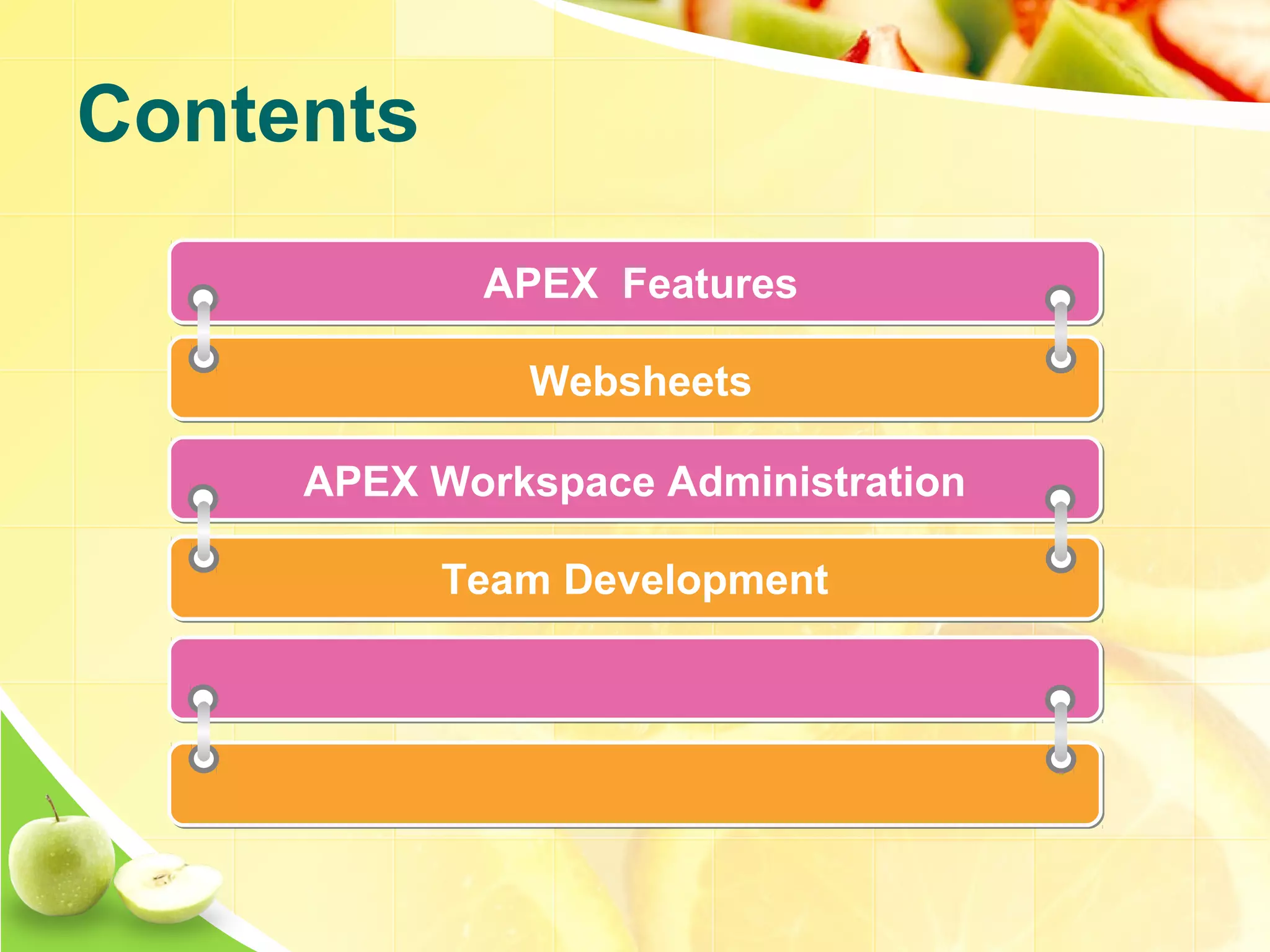 Contents APEX Features Websheets APEX Workspace Administration Team Development 